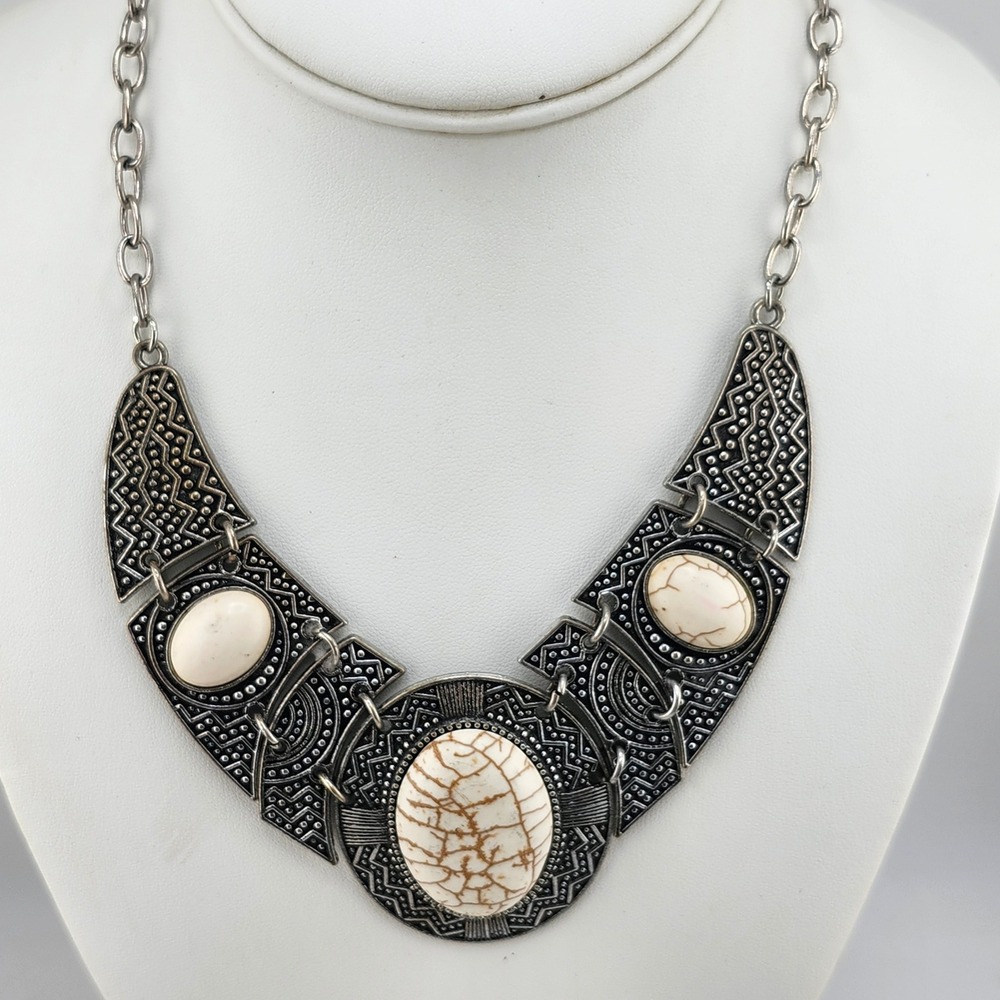 Statement Bib Necklace‎ Silver Tone Aztec Geometric White Stone Fashion Jewelry